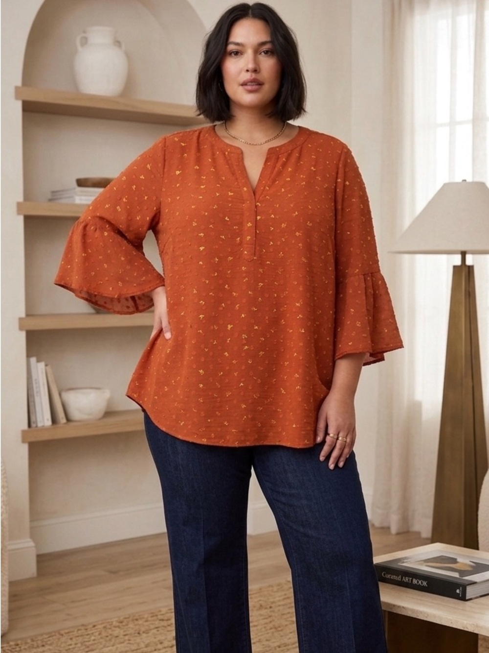 Orange Flutter-Sleeve Tunic Top with gold metallic accents.